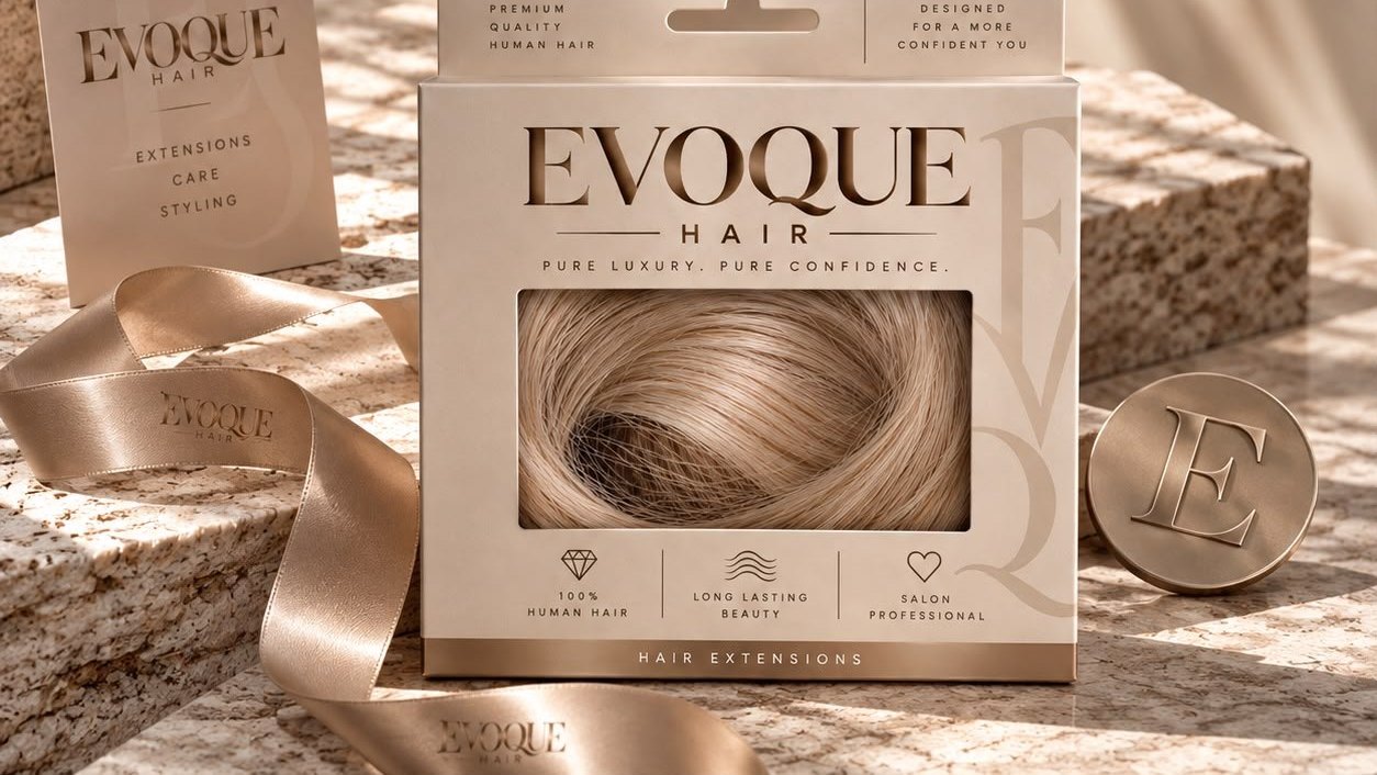 De Evoque Hair verpakking met blond haar, lint en visitekaartje op travertin