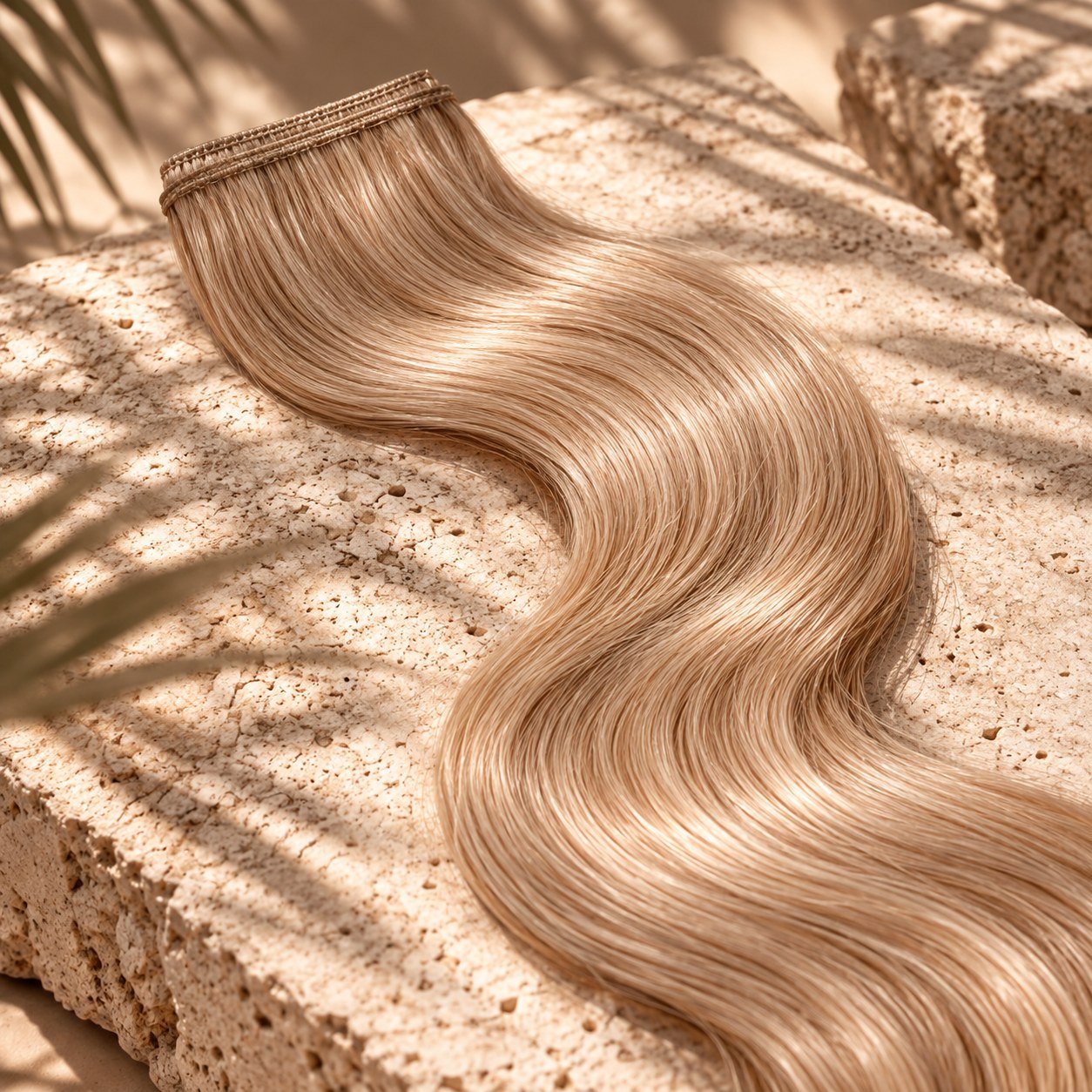 Een golvende weft Evoque Hair in de kleur Honey op travertin met palmschaduw